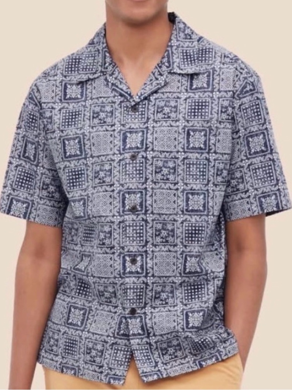 Reyn Spooner x Uniqlo Blue Patterned Camp Shirt Sz XL Nautical Patriotic Coastal